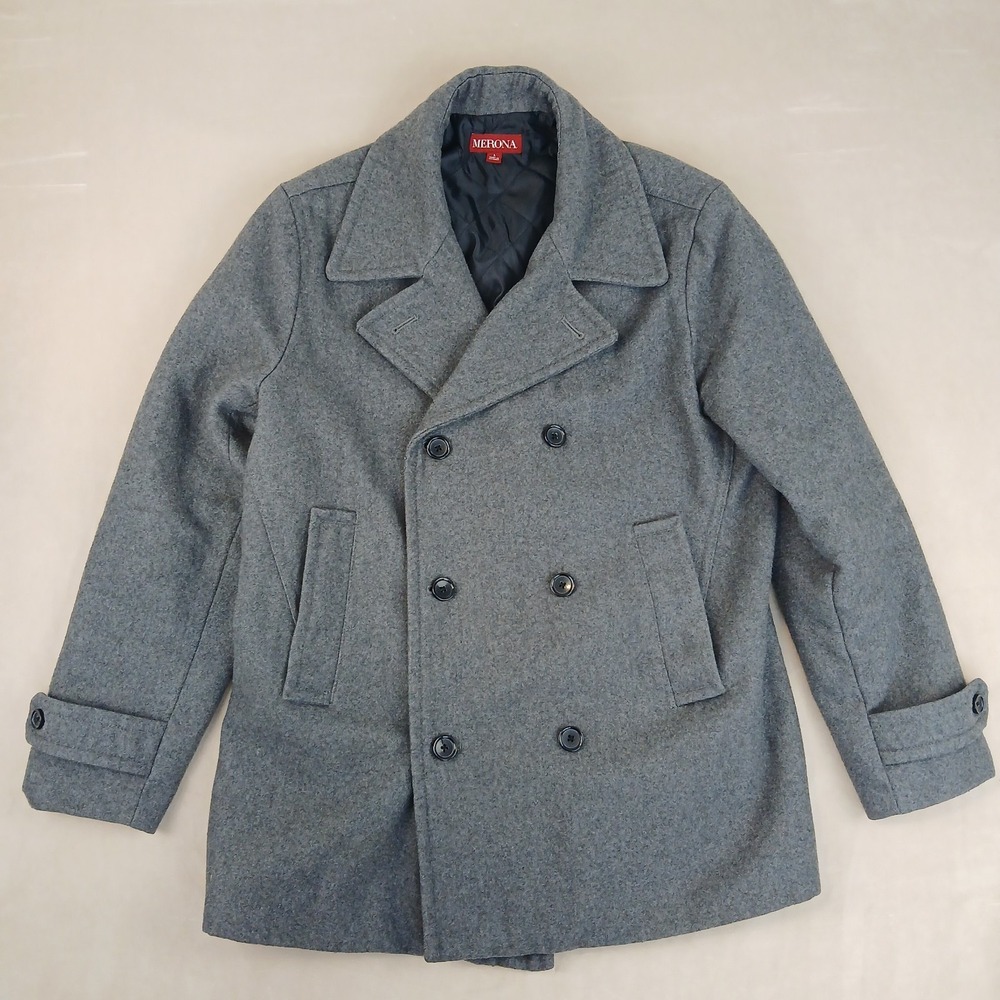 VTG Merona‎ Medium Mens Pea Coat Charcoal Gray 23x32 Wool Blend